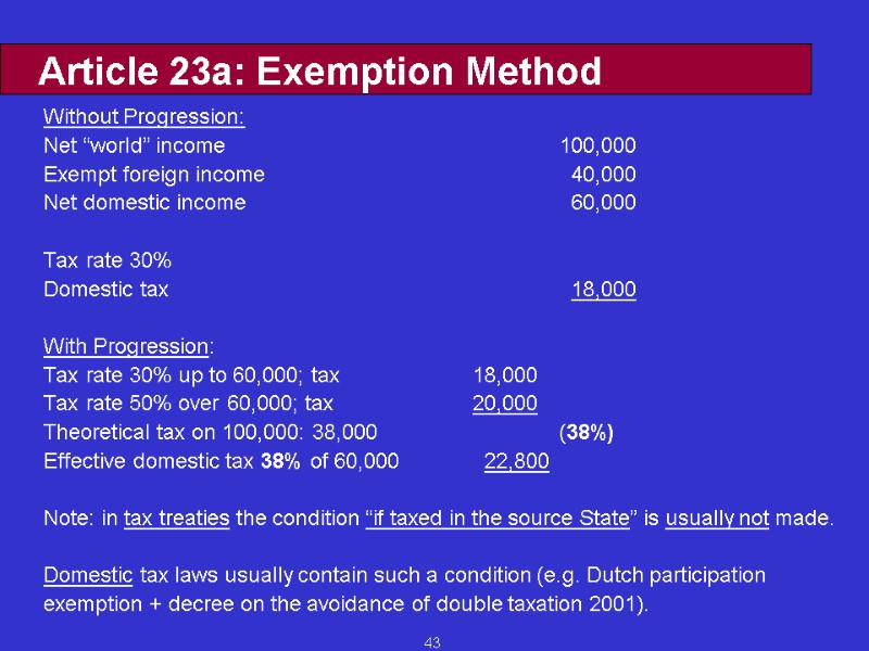 43 Article 23a: Exemption Method Without Progression: Net “world” income    100,000